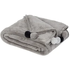 Plaid gris à pompons colorés 130 x 160 cm