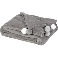 Plaid gris à pompons colorés 130 x 160 cm