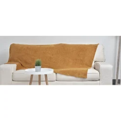 Plaid polyester 1 place uni jaune moutarde