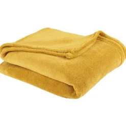 Plaid polyester 1 place uni jaune moutarde