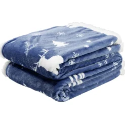 Plaid polyester 120x150cm motif cerf sapin bleu et blanc