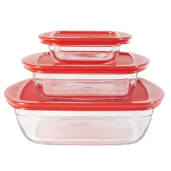 Plat en verre transparent Ôcuisine avec couvercle rouge x3