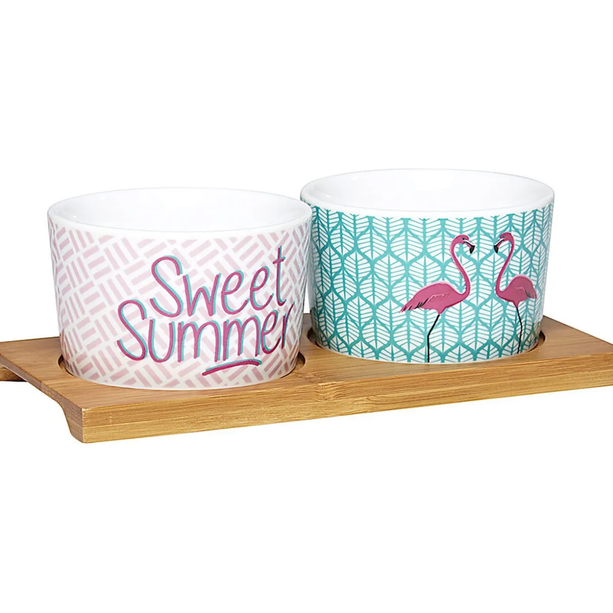 Plateau + 2 coupelles apéritif motif flamant rose