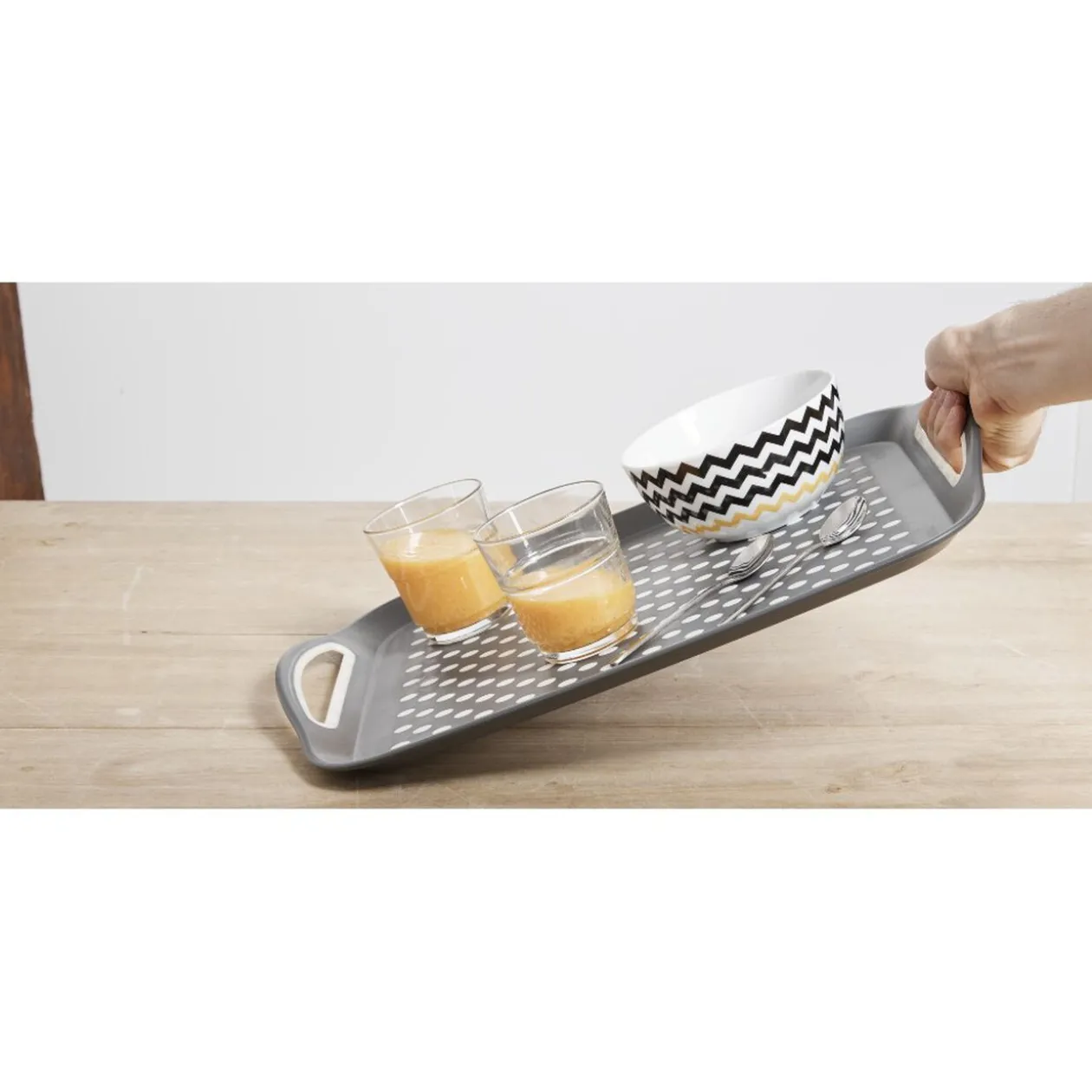 Plateau antidérapant avec poignées gris et blanc