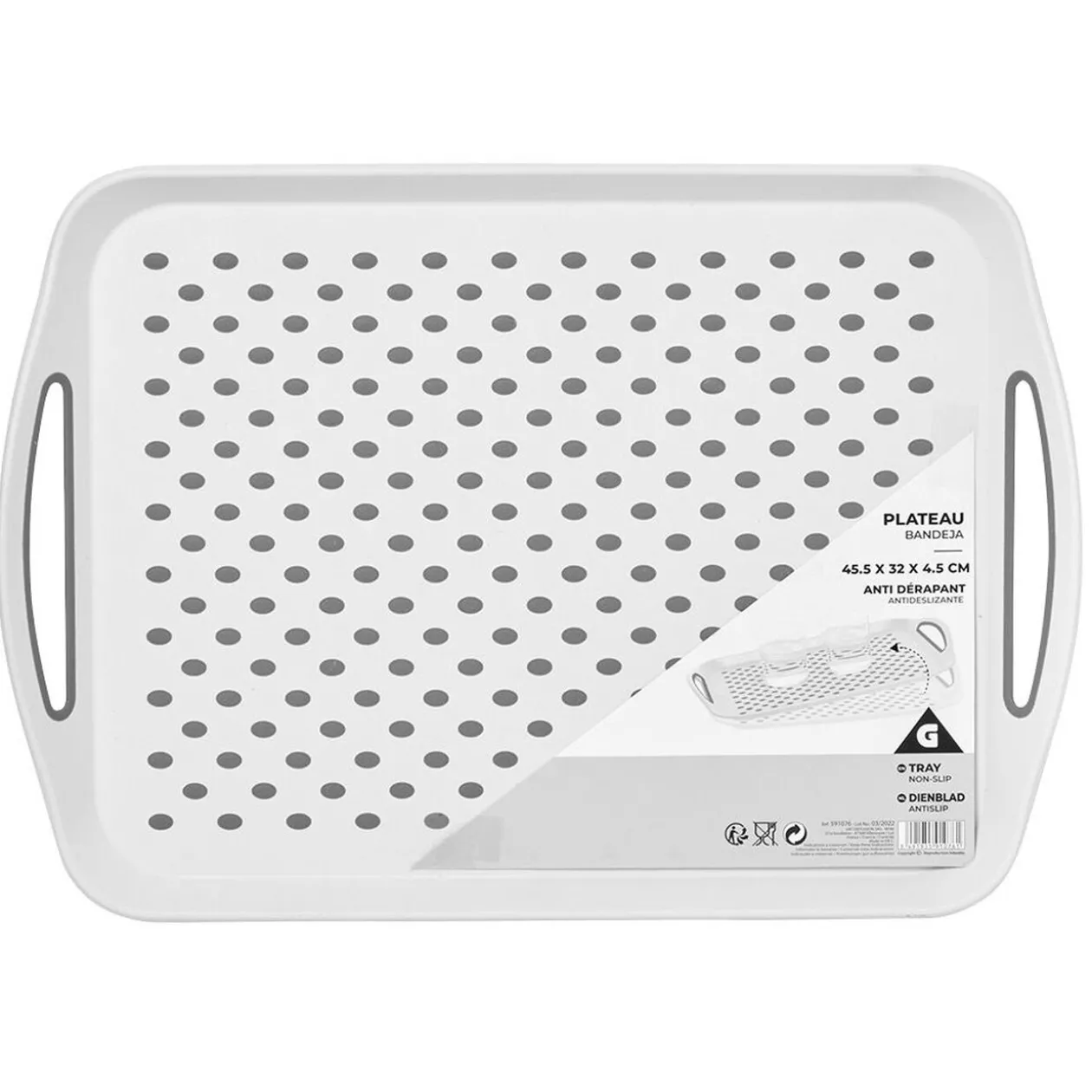 Plateau antidérapant avec poignées blanc picots gris