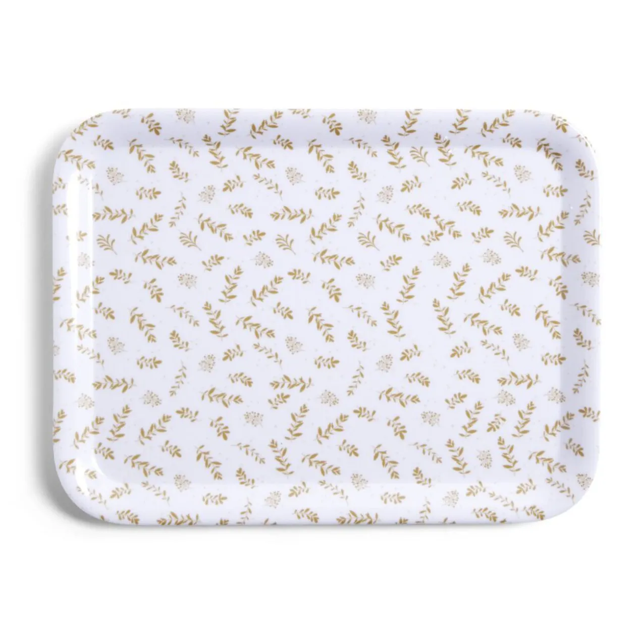 Plateau de service rectangulaire mélaminé blanc motif feuillage doré 21x28cm
