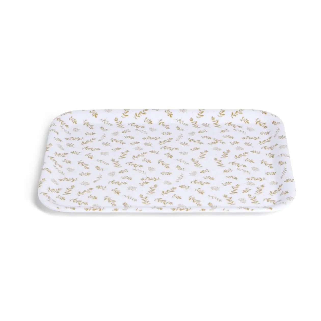 Plateau de service rectangulaire mélaminé blanc motif feuillage doré 21x28cm