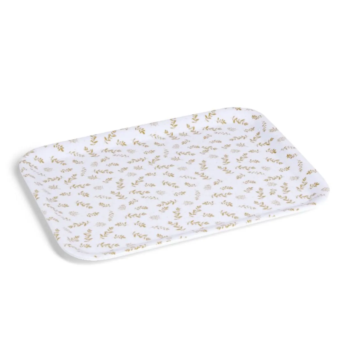 Plateau de service rectangulaire mélaminé blanc motif feuillage doré 21x28cm