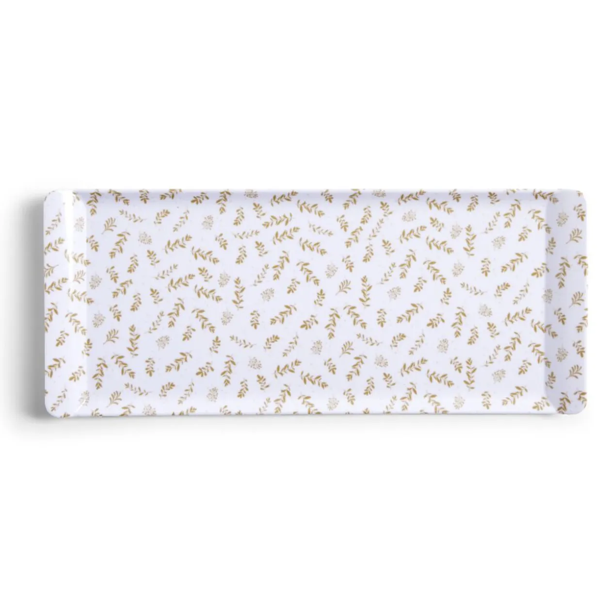Plateau de service rectangulaire mélaminé blanc motif feuillage doré 18x37,5cm