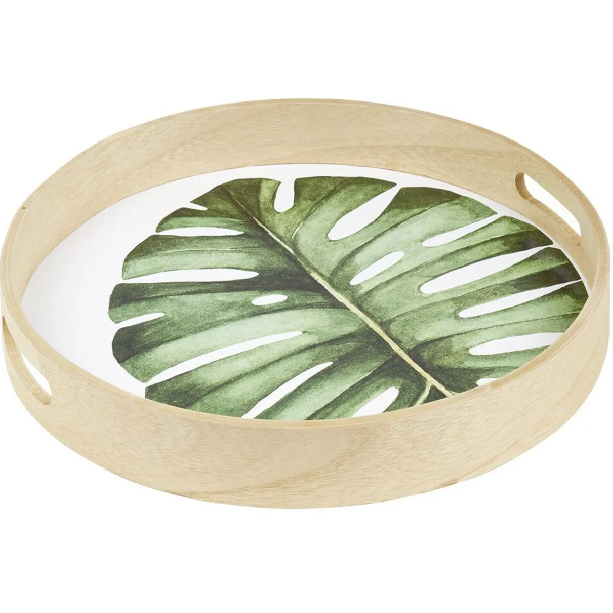 Plateau de service rond en bois motif feuille
