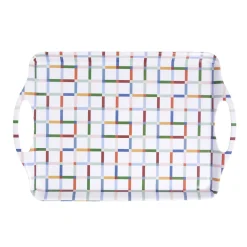 Plateau rectangulaire blanc motifs carreaux multicolores 34x50,5cm