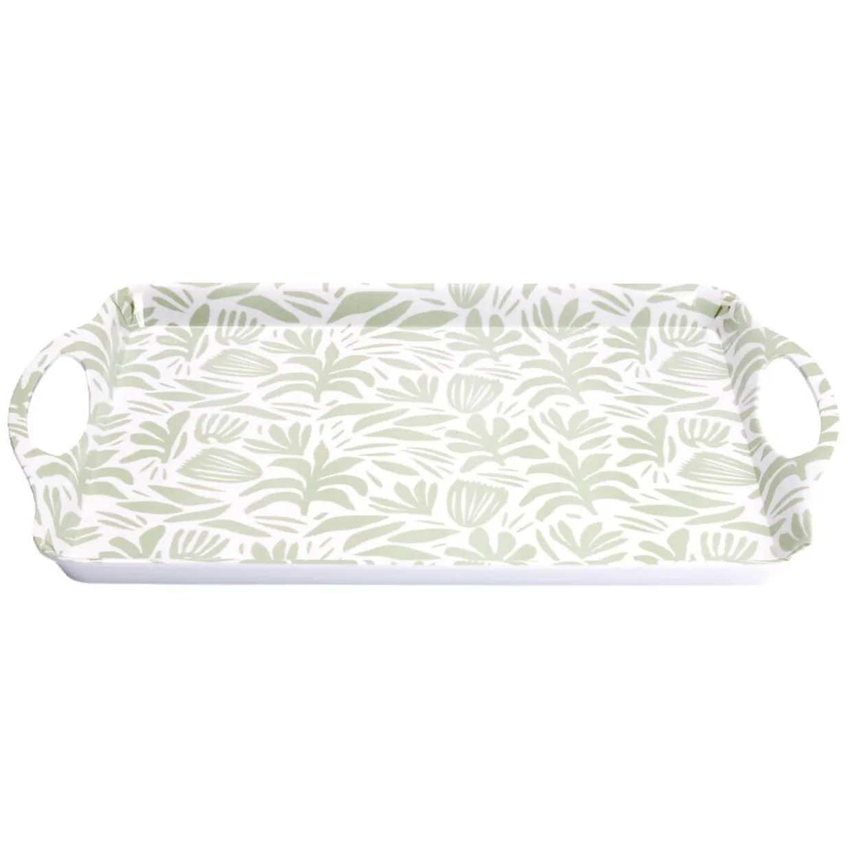 Plateau rectangulaire blanc motif feuillage vert sauge 34x50,5cm