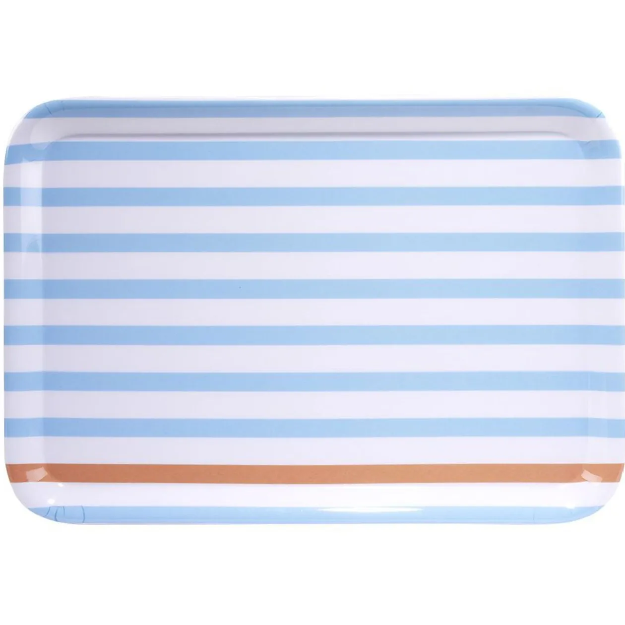 Plateau rectangulaire rayé bleu blanc liseré orange plastique 45x31cm