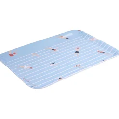 Plateau rectangulaire rayé bleu blanc motif nageur - plastique 45x31cm
