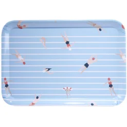 Plateau rectangulaire rayé bleu blanc motif nageur - plastique 45x31cm