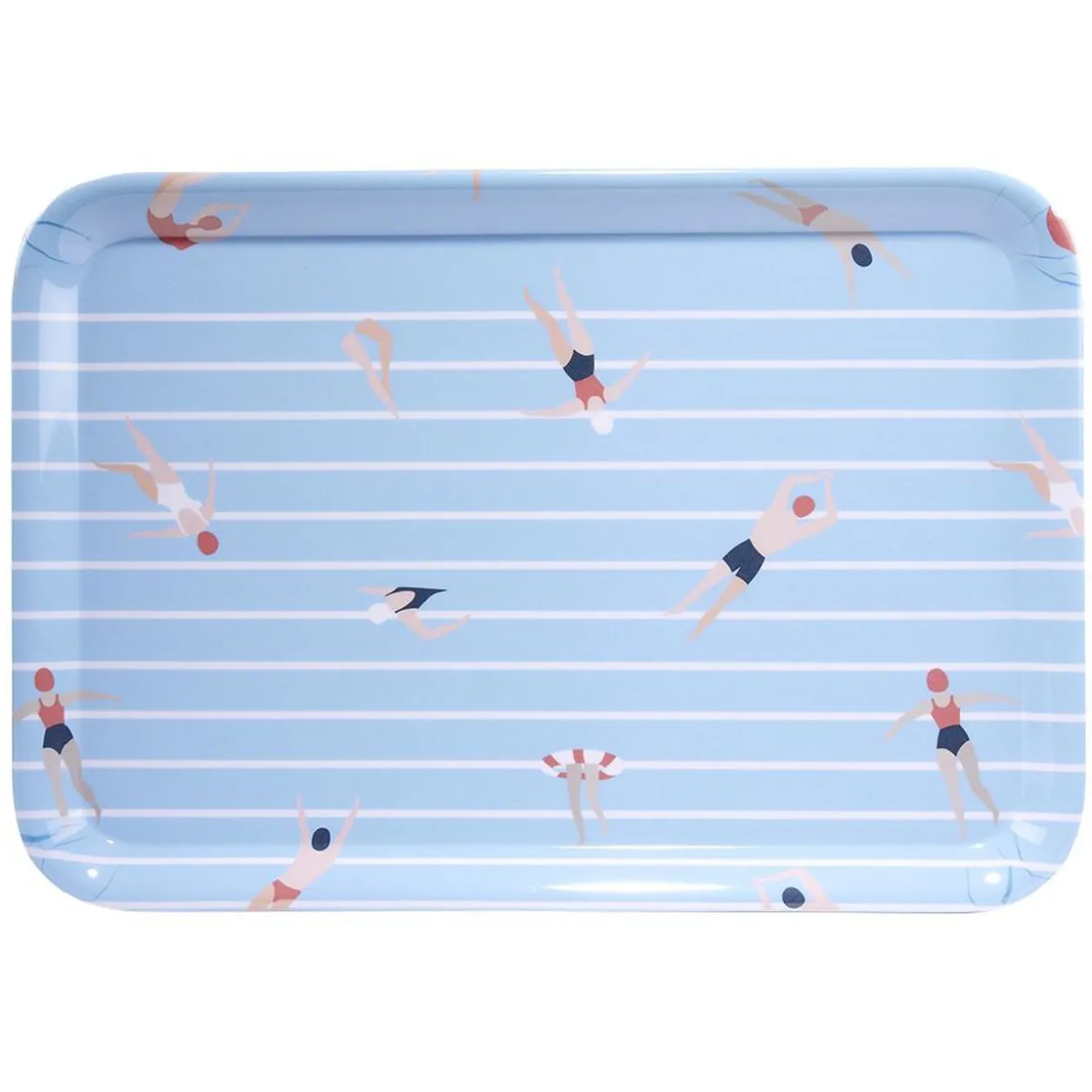 Plateau rectangulaire rayé bleu blanc motif nageur - plastique 45x31cm