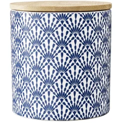 Pot en céramique à motif bleu avec couvercle en bois H10,5 cm