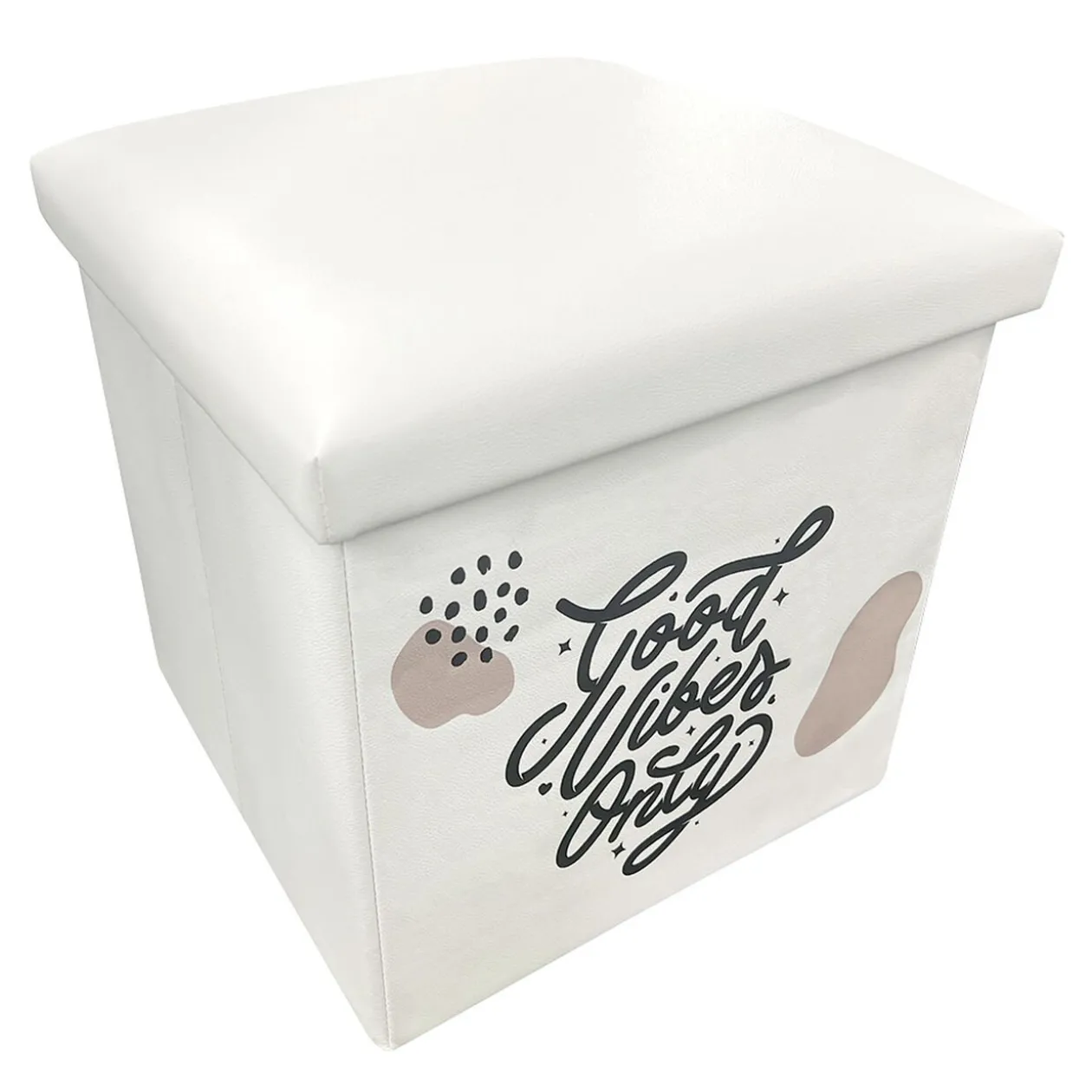 Pouf coffre Good Vibes Only blanc et noir 38x38x38cm