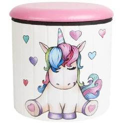 Pouf coffre licorne en bois rose et blanc