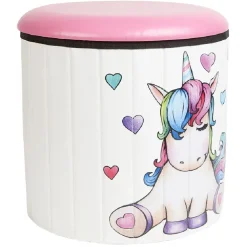 Pouf coffre licorne en bois rose et blanc