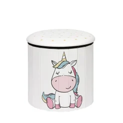 Pouf coffre pliant enfant Simone motif licorne multicolore et blanc