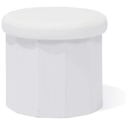 Pouf coffre rond pliable velours côtelé blanc Ø40xH36 cm