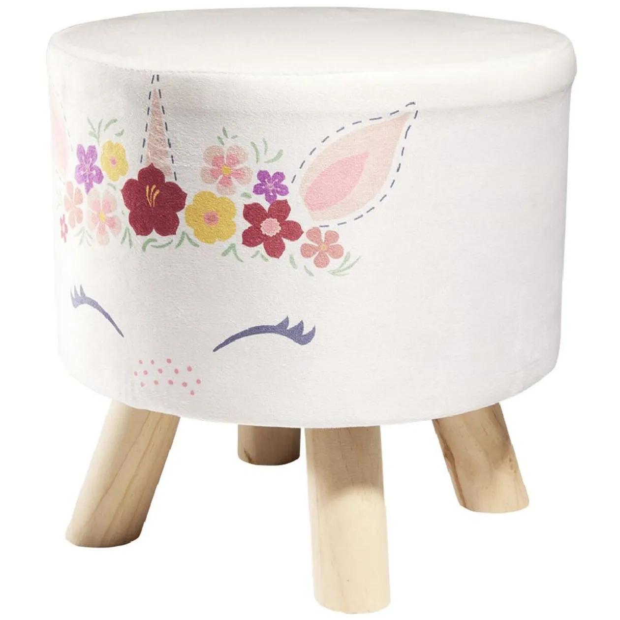 Pouf enfant motif licorne fleur blanc et rose Ø30xH30cm