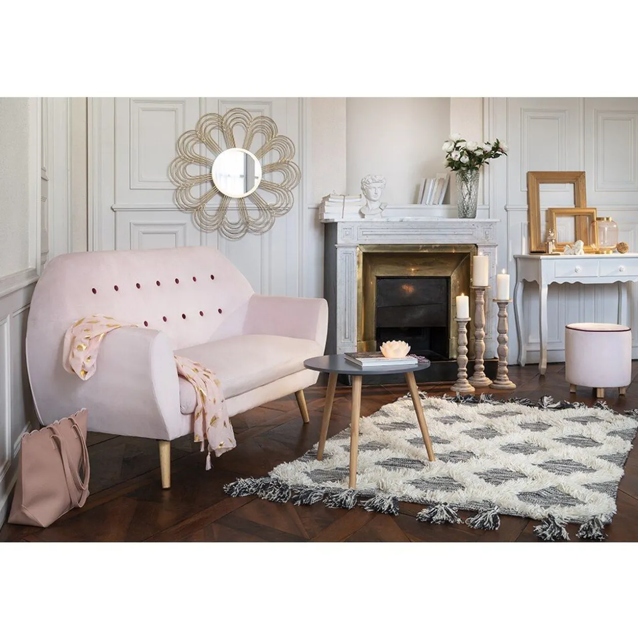 Pouf Joseph velours rose poudré et bordeaux