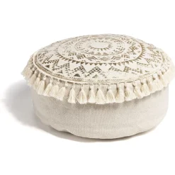 Pouf macramé à pompons beige