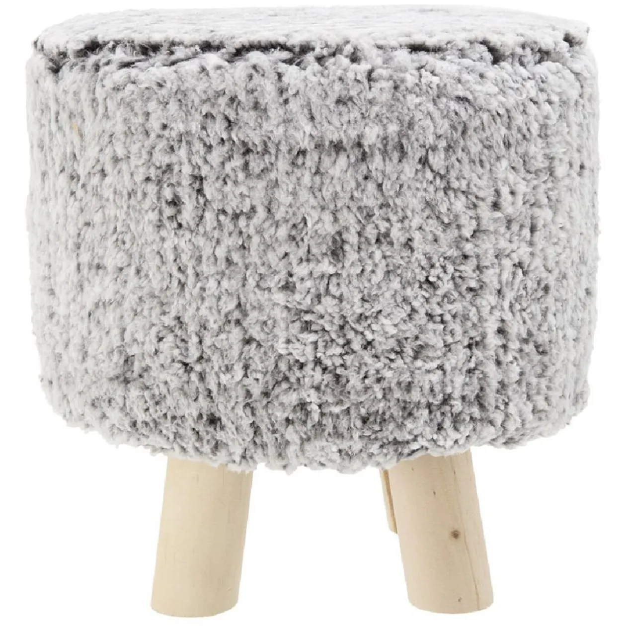 Pouf pieds bois imitation fourrure gris