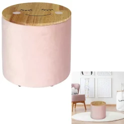 Pouf rangement bois motif sourire dormeur effet peau pêche rose Ø30cm