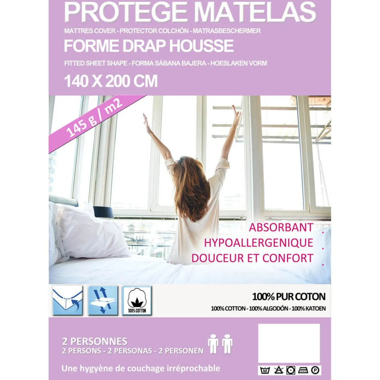 Protège matelas coton molletonné 145 gr/m² dim. 140x200 cm