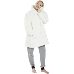 Pull plaid adulte polaire à capuche - beige ou blanc