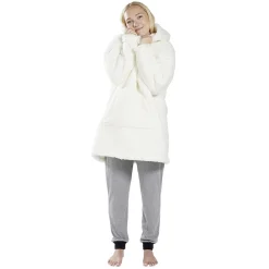 Pull plaid adulte polaire à capuche - beige ou blanc