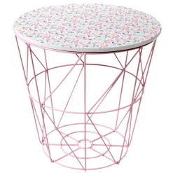 Rangement filaire imprimé floral métal bois blanc et rose Ø30xH30cm