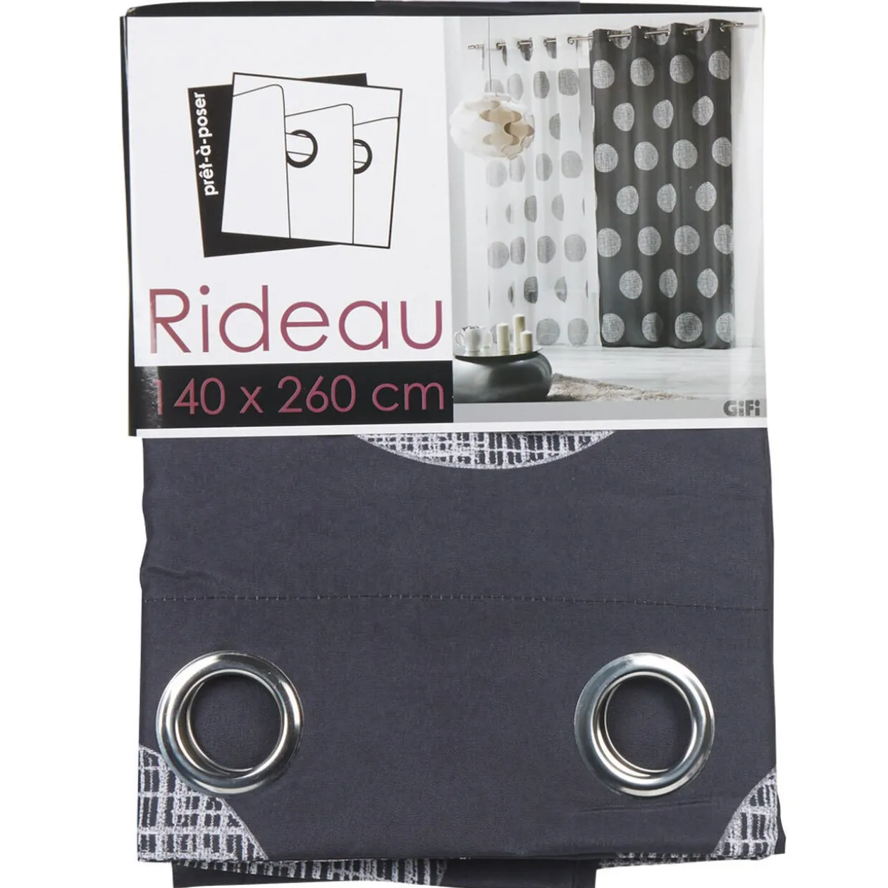 Rideau à oeillets anthracite ronds blancs