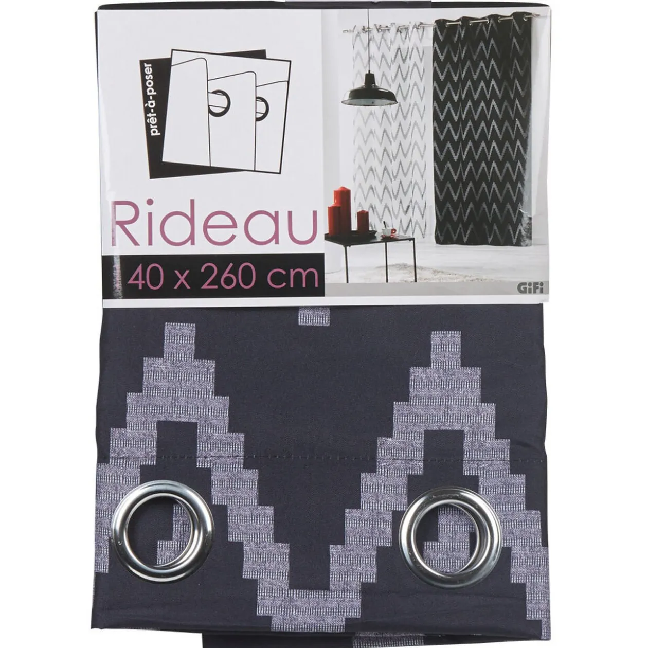 Rideau à oeillets anthracite zig zag blanc