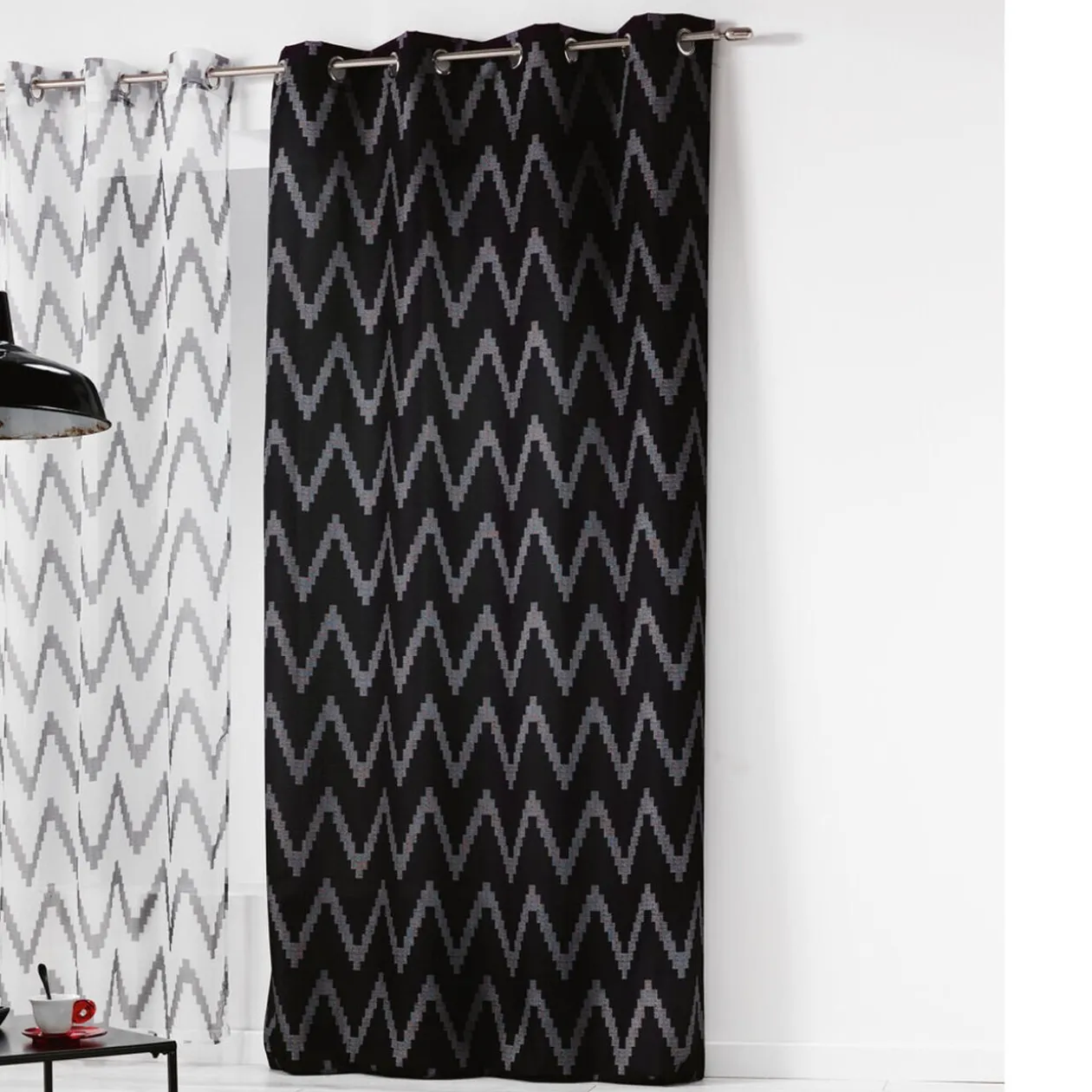 Rideau à oeillets anthracite zig zag blanc