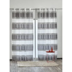 Rideau à oeillets blanc brillant large rayure gris argenté