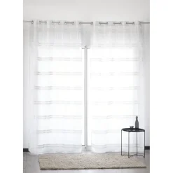 Rideau à oeillets blanc brillant rayure argentée