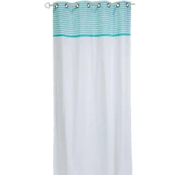 Rideau à oeillets blanc imprimé zig zag bleu turquoise