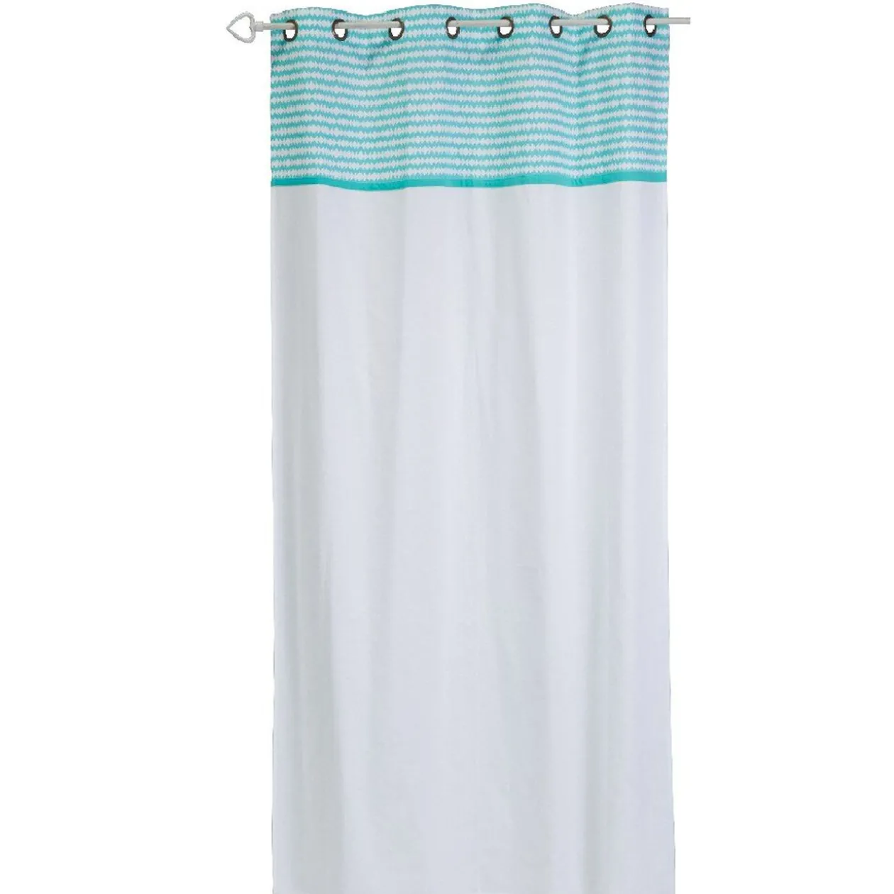 Rideau à oeillets blanc imprimé zig zag bleu turquoise