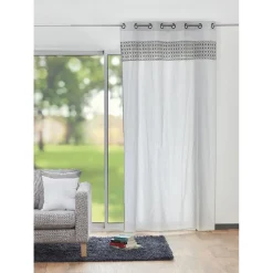 Rideau à oeillets blanc imprimé graphique noir taupe