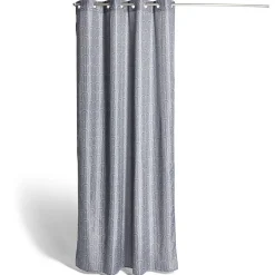 Rideau à oeillets effet lin gris motif géométrique blanc 140x240cm