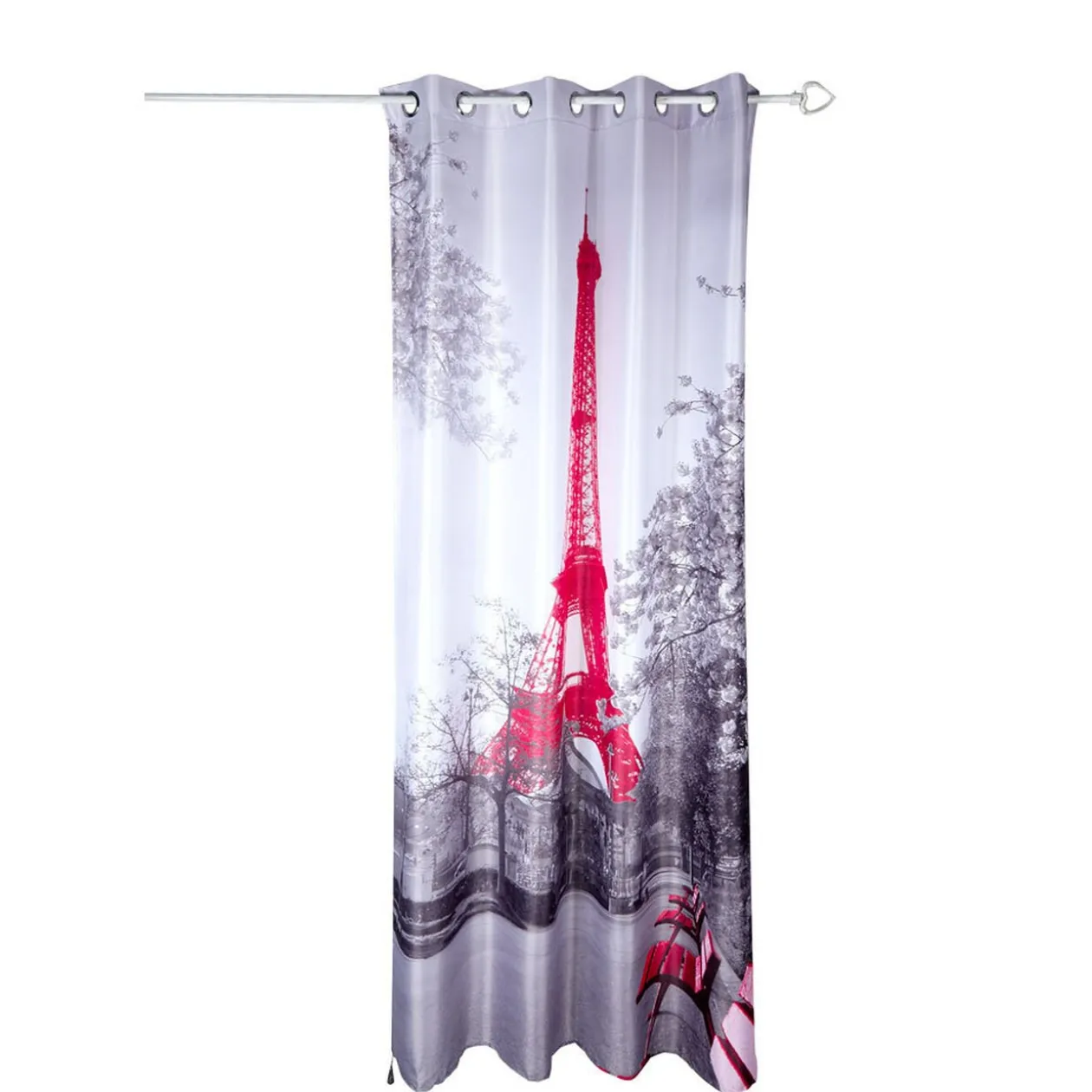 Rideau à oeillets motif Tour Eiffel rose