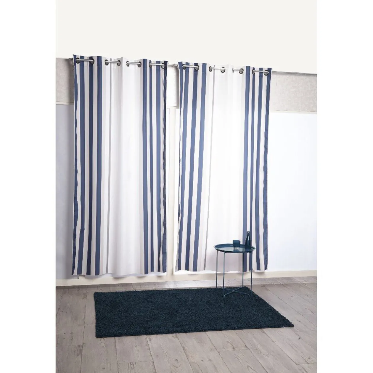 Rideau à oeillets rayures blanches beiges et bleues