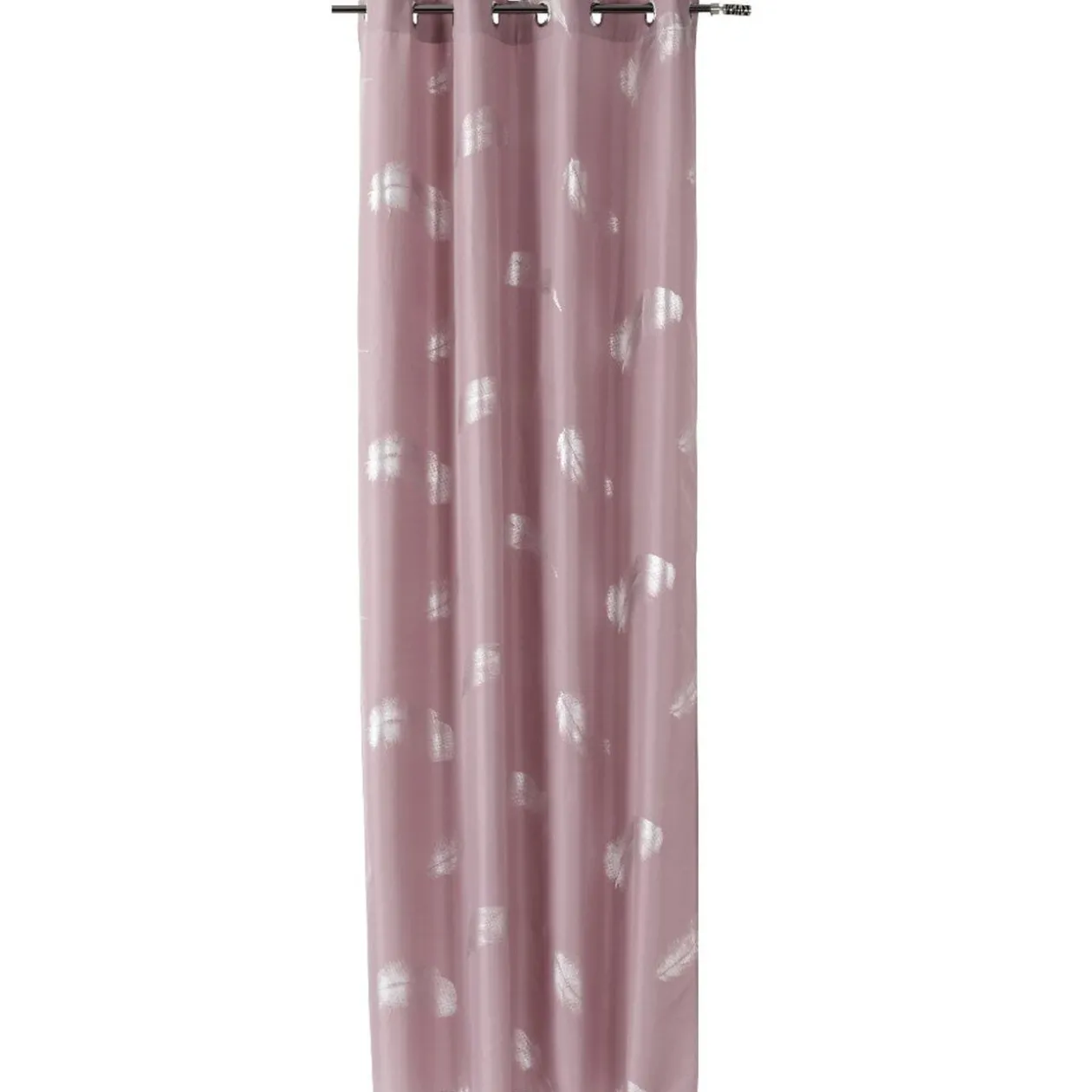 Rideau à oeillets rose motifs plumes argentées pailletées