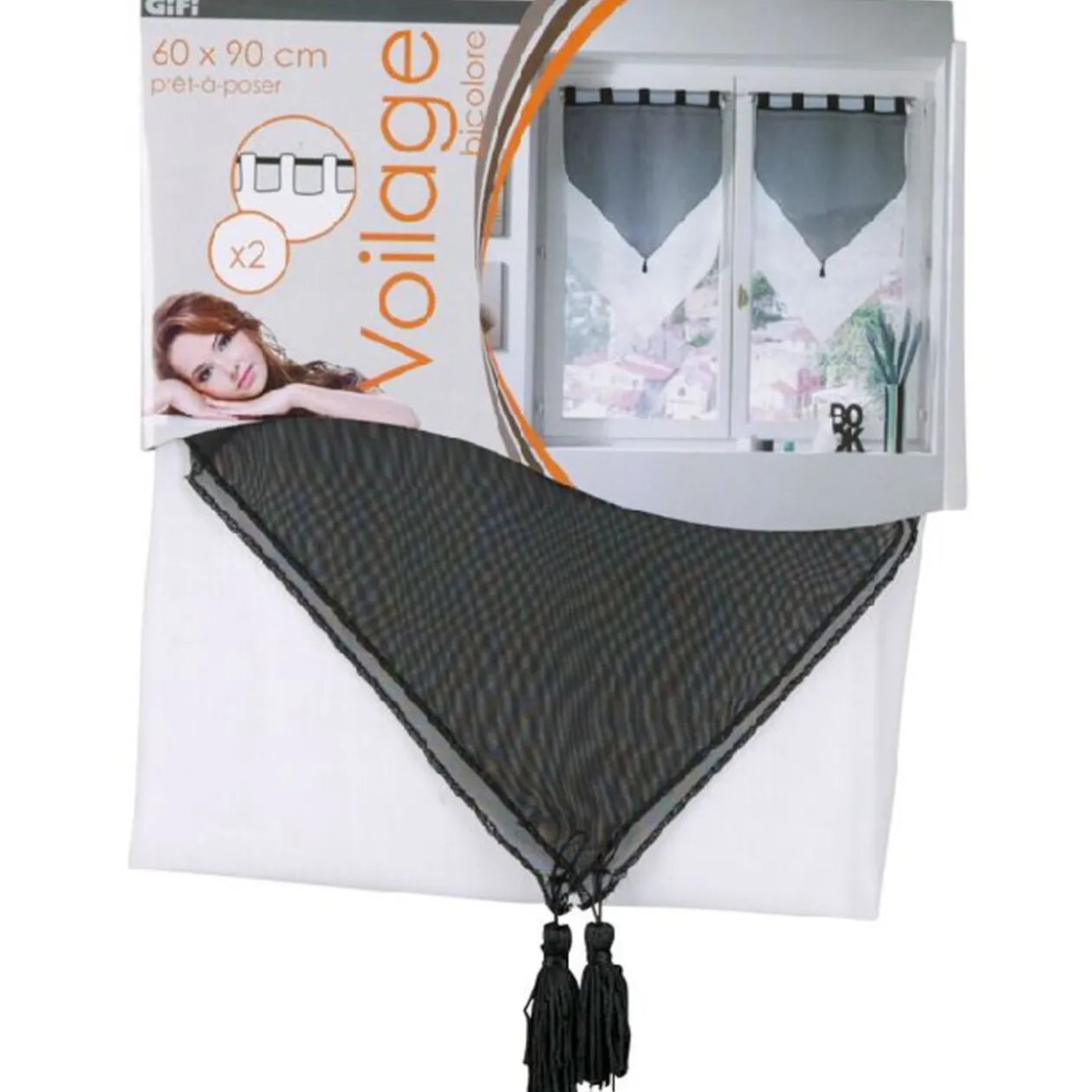 Rideau voilage à pattes noir blanc x2