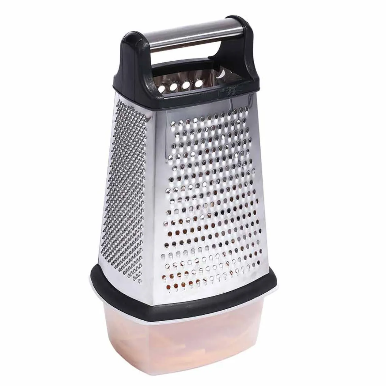 Râpe inox 4 faces avec récipient noir gris