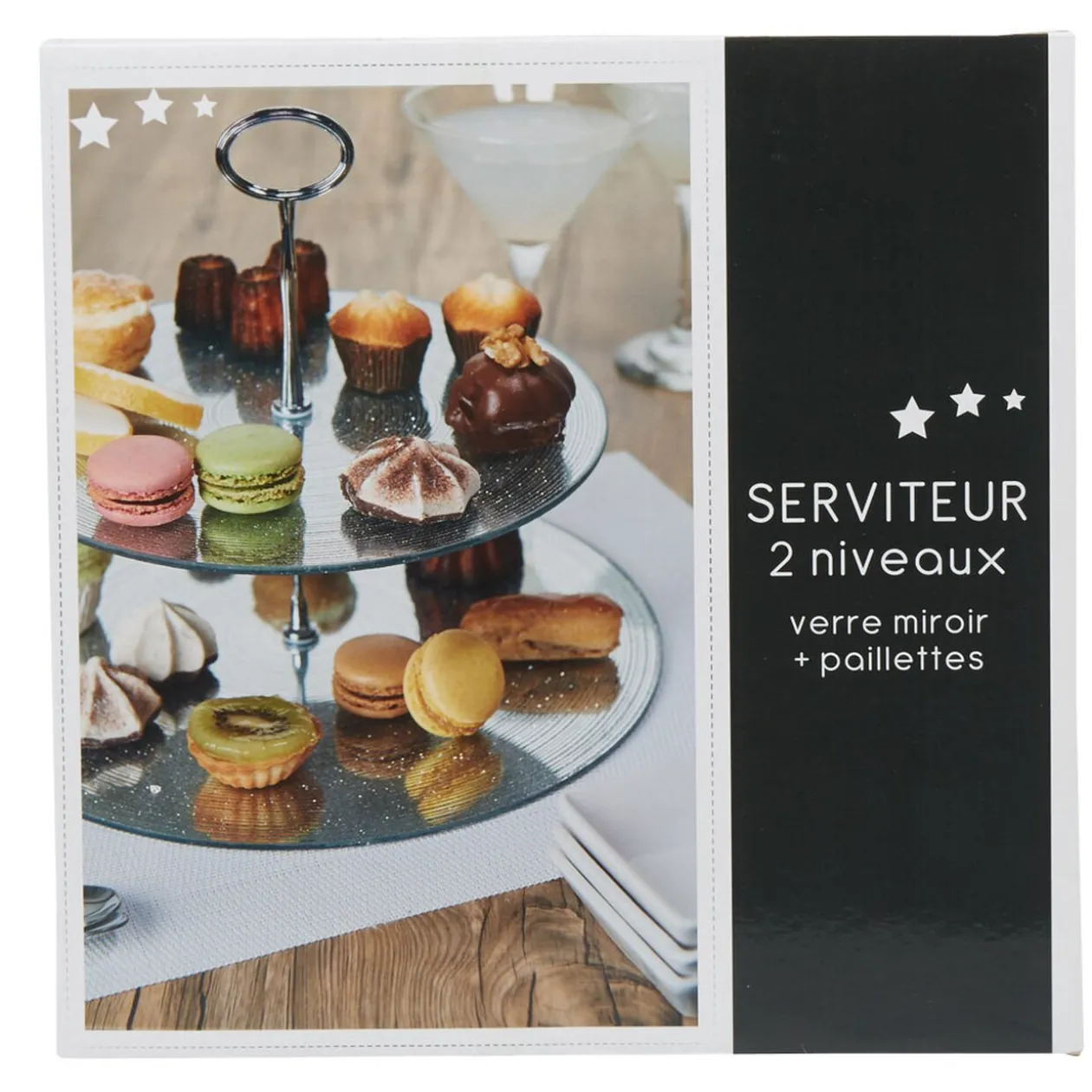 Serviteur 2 niveaux verre transparent pailleté